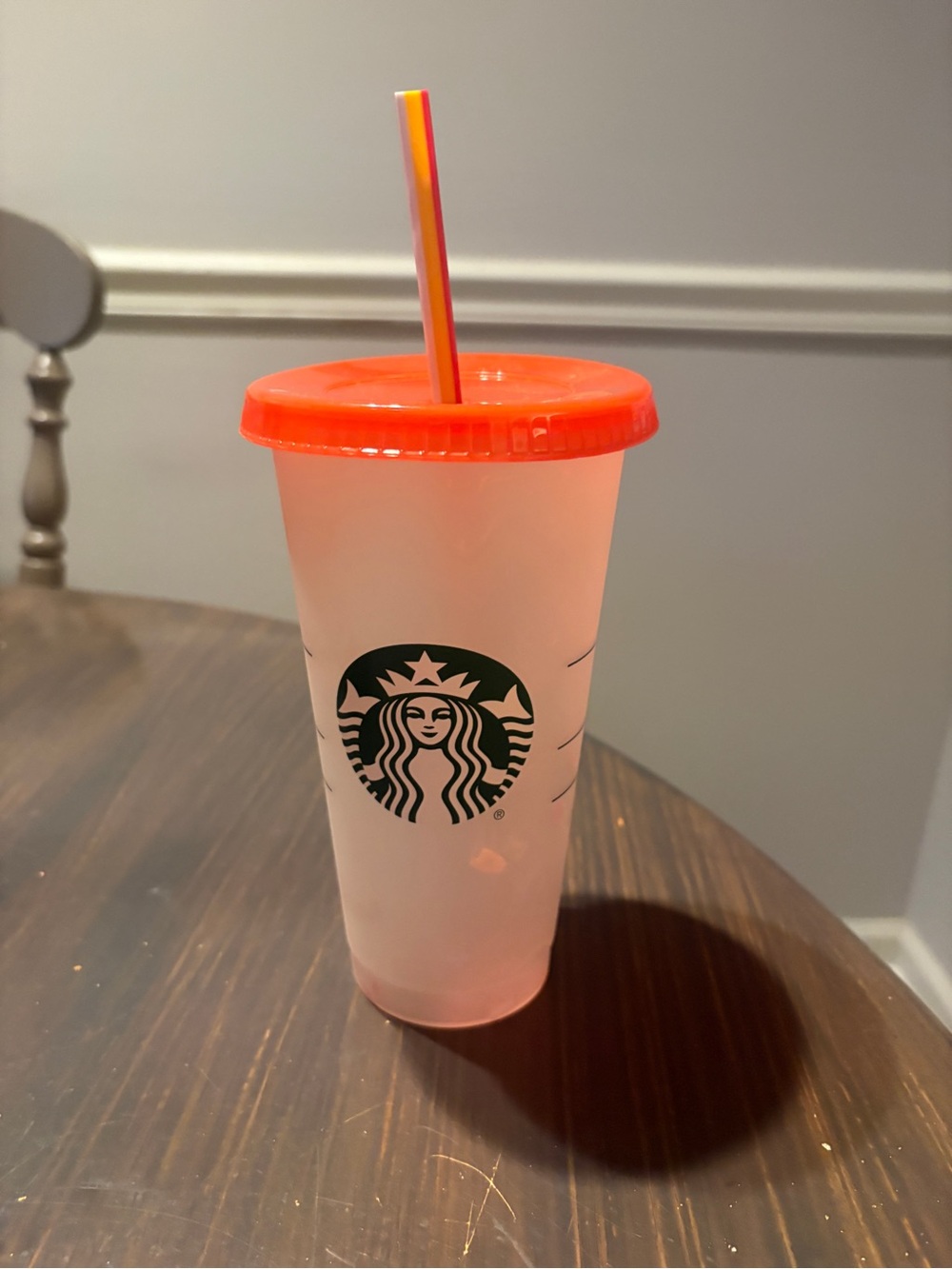 Starbucks Frosted Cup with Bright Orange Lid and Striped Straw